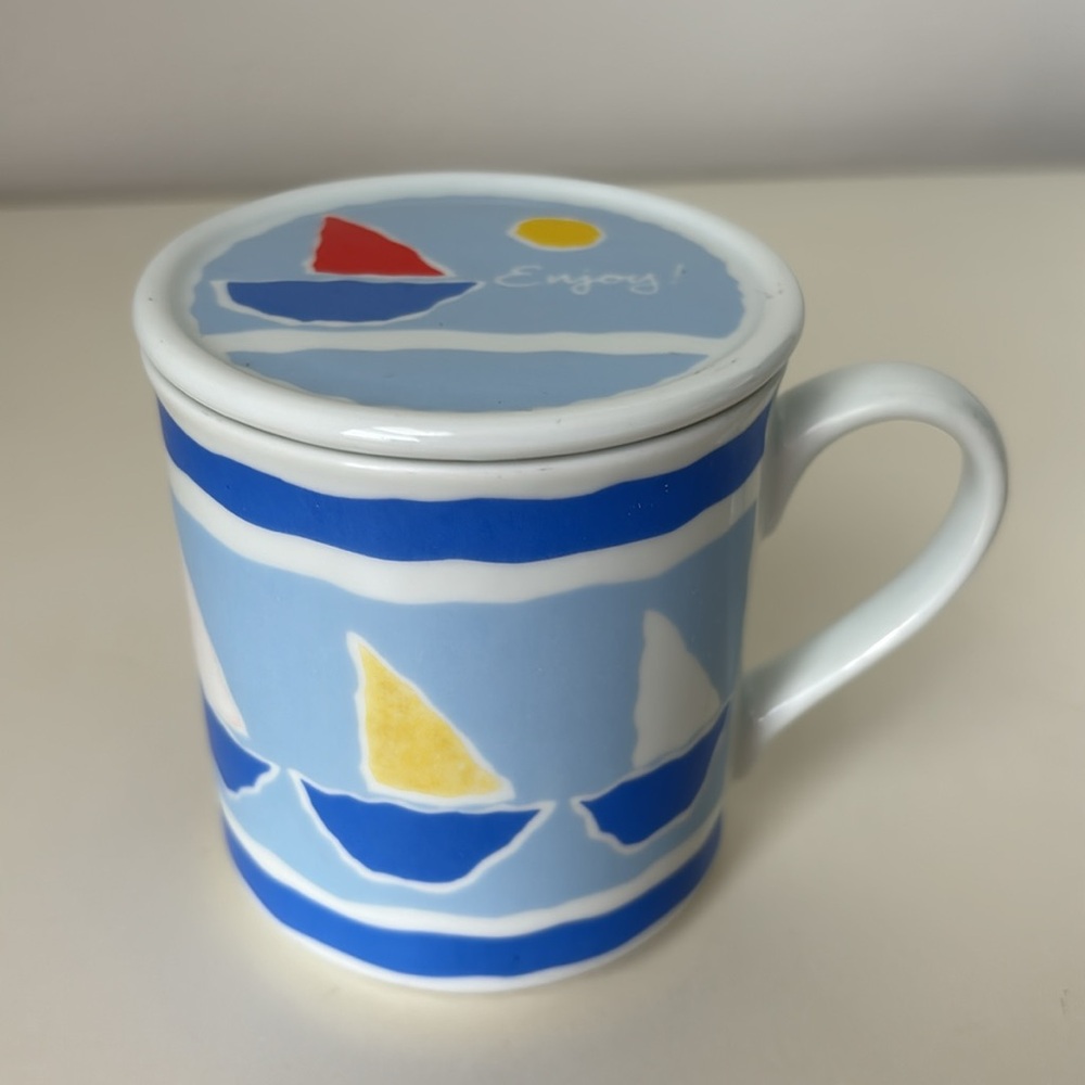 Hallmark Spring Fever Sailboat Mug with Lid Vintage Coastal Nautical Summer